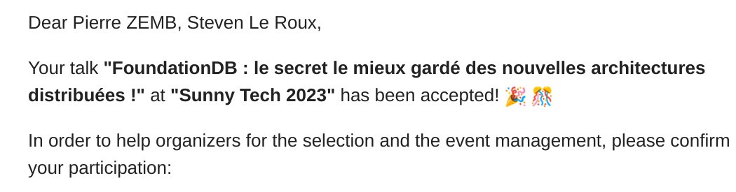 PierreZ's tweet image. 💾@GwinizDu et moi, on vous parlera de #FoundationDB à la prochaine édition de @SunnyTech_MTP !
🤩 Merci à eux pour leur confiance !