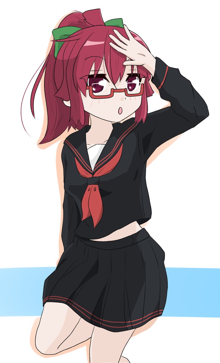 1girl solo school uniform skirt red hair glasses serafuku  illustration images
