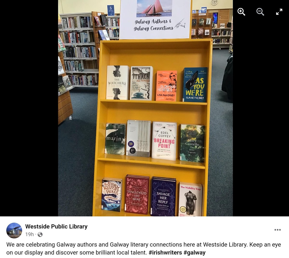 Lovely to see Galway's @westsidelib highlighting local authors this week. Great to be in the company of #AoibheannMcCann @edelcoffey @elainefeeney16 @mcmonaglewriter and so many others. Thank you to @colettedempc for the pic. 
☘️💚 Lá Fhéile Pádraig sona daoibh go léir!