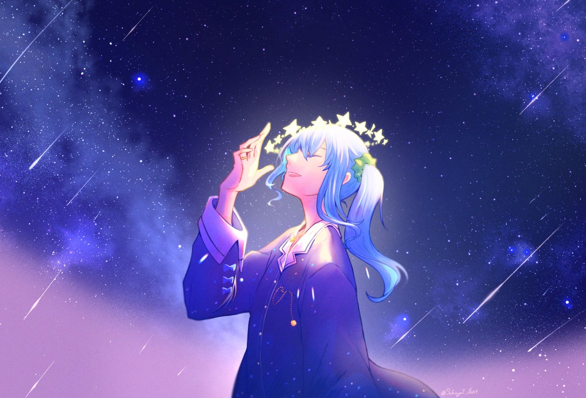 hoshimachi suisei 1girl solo blue hair star (sky) starry sky sky closed eyes  illustration images