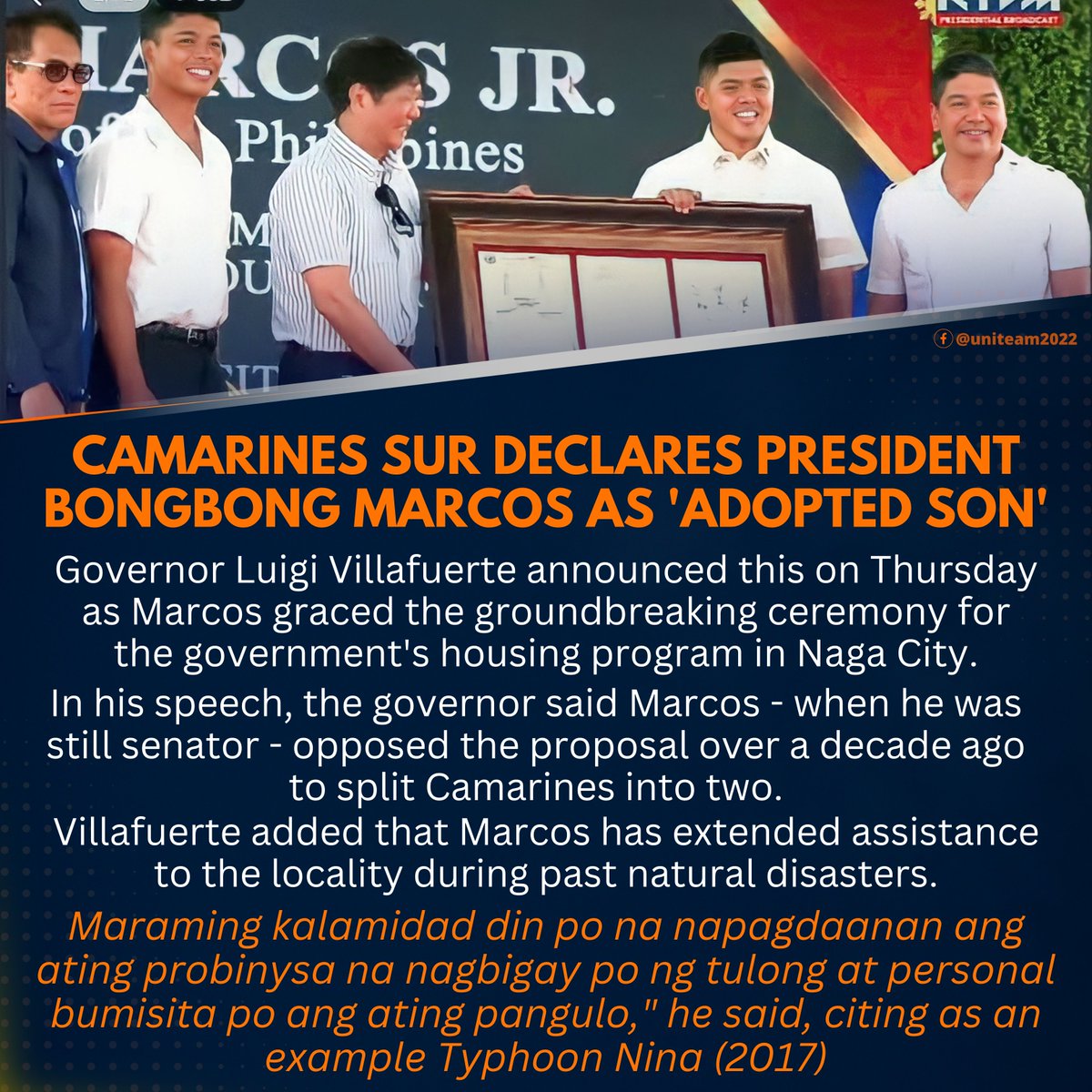 jcpunongbrgy's tweet photo. LENI TO BBM: "...in the difficult moments hindi siya nagpapakita."

GOV. VILLAFUERTE TO CAMSUR CITIZENS:
"Maraming kalamidad din po na napagdaanan ang ating probinysa na nagbigay po ng tulong at personal bumisita po ang ating Pangulo." (citing as an example Typhoon Nina yr 2017) https://t.co/9zV2jtK2EK