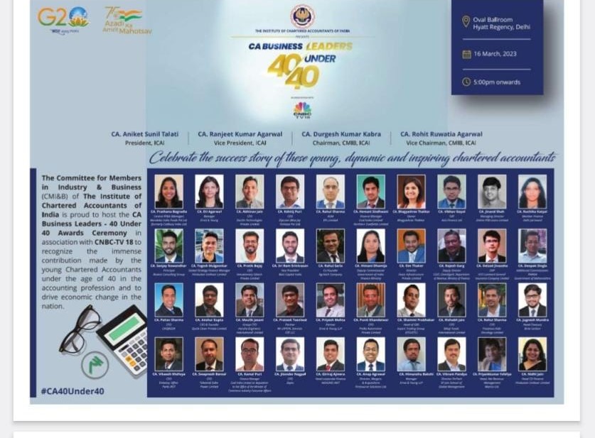 Excited about <a href="/theicai/">Institute of Chartered Accountants of India - ICAI</a> The Institute of Chartered Accountants of India awards tonight in Delhi, celebrating CA Business Leaders 40 under 40. Looking forward to meeting incredible people and making lasting connections. Let's catch up at the event!

#CA40under40 #delhi #icai #CA