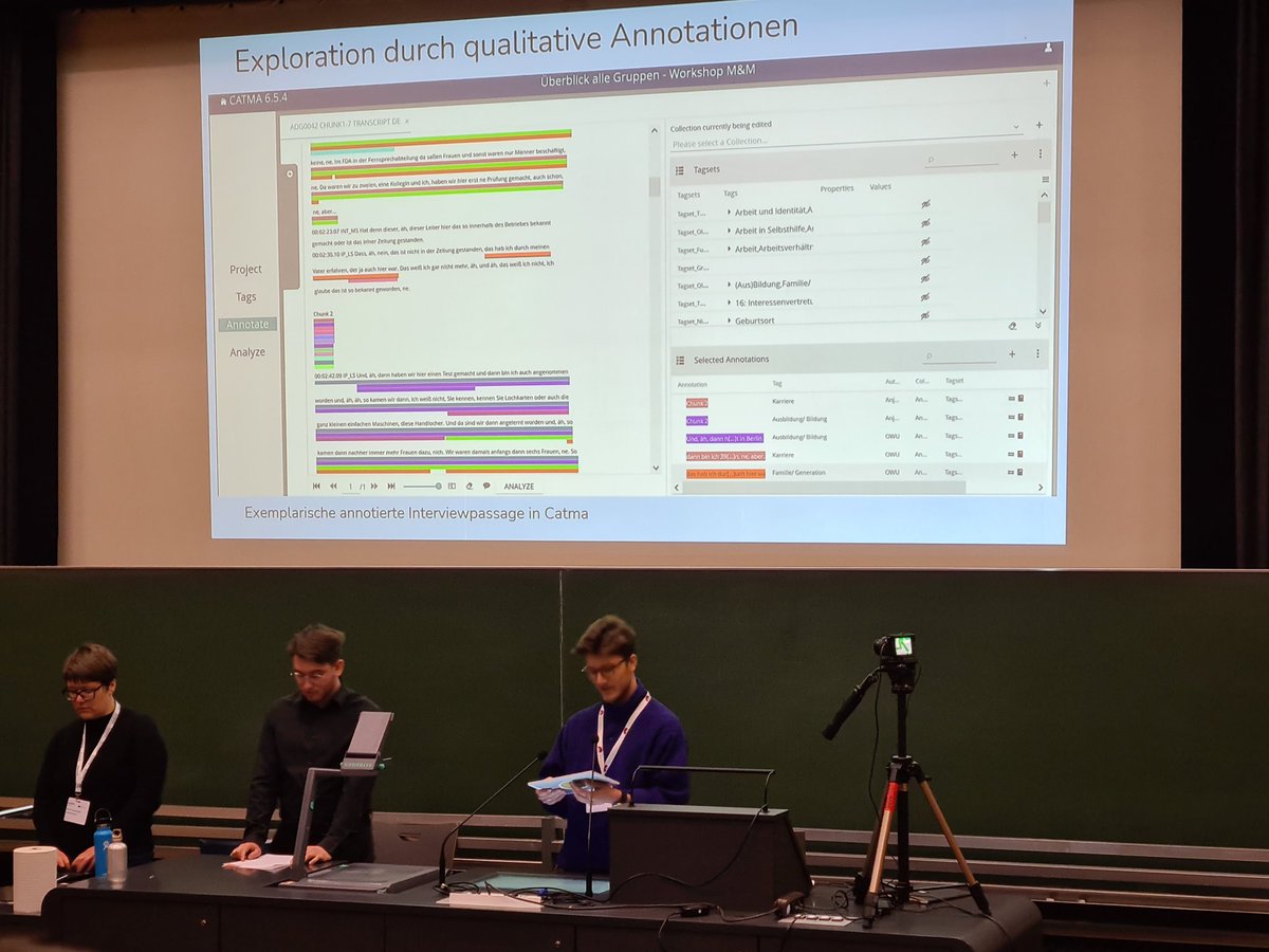 ChrWachter's tweet photo. Wie #OralHistory Interviews annotieren? Nils Egger, Lina Franken, Dennis Möbus, Florian Schmid über die Kombination v. #TopicModeling und manuellen Annotation per #CATMA. Getestet in einem Workshop 👉 topic m. führt nicht zu signifikant anderen Annotationsergebnissen. #DHd2023 https://t.co/hpSeARbZju