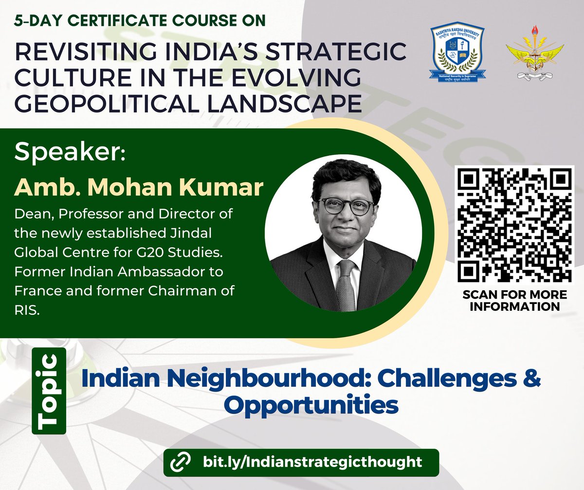 sisdssrru's tweet photo. INDIA'S STRATEGIC CULTURE IN THE EVOLVING GEOPOLITICAL LANDSCAPE

Speaker:
Amb. Mohan Kumar Dean, Professor and Director of the newly established Jindal Global Centre for G20 Studies. Former Indian Ambassador to France and former Chairman of RIS. https://t.co/6jGayKctXu