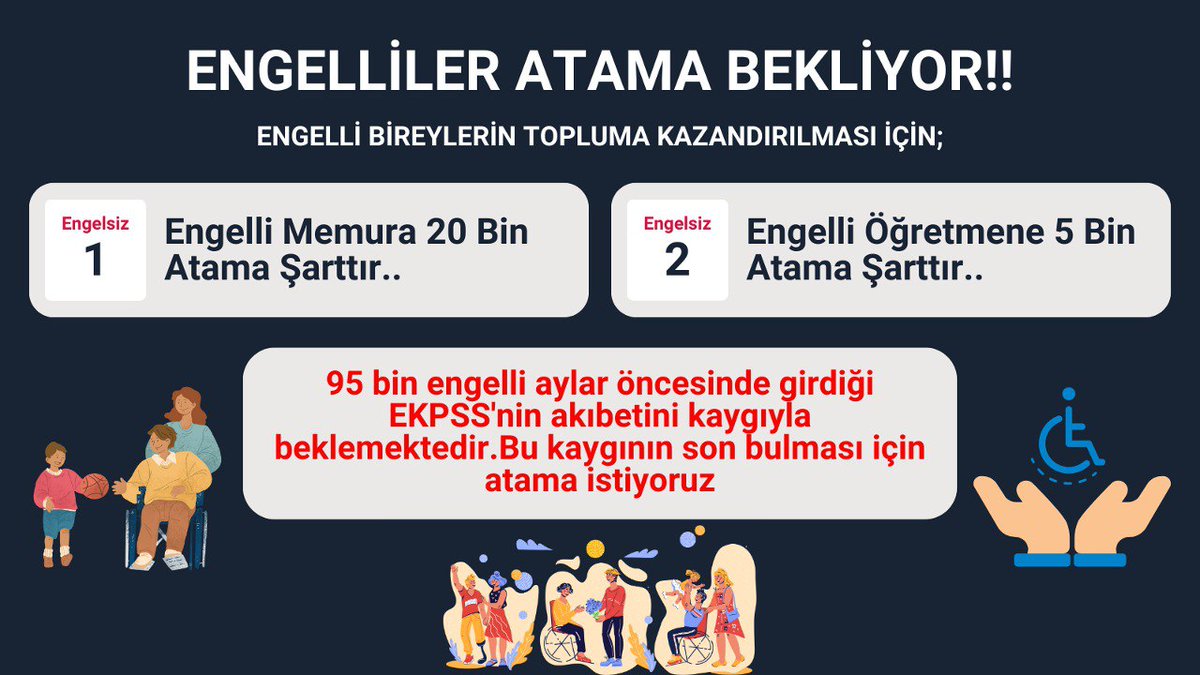 #EngellilereOnikibinSözü
Hep birlikte el ele yüzde 6 kota istiyoruz lütfen sesimizi duyun

Engelli büro yönetimi ve yönetici asistanlığı bölümü mezunları başta olmak üzere
Engelli Öğretmene 5Bin engelli memura 12 bin engelli memur ataması istiyoruz lütfen sesimizi duyun