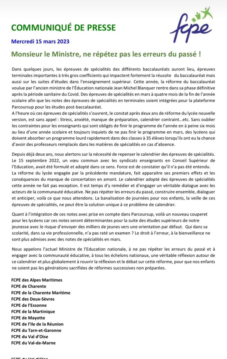 Monsieur le Ministre, il ne s’agit plus de répéter les errements du passé ou de mettre un pansement sur ce qui ne fonctionne pas mais bel et bien de construire l’avenir! 

La <a href="/fcpe94/">FCPE94</a> réaffirme qu'une autre #ecole est possible...
#fcpe
#parentsmilitants