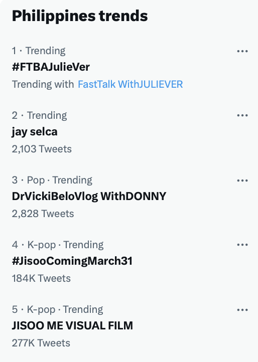 GMA_PA's tweet photo. LOOK: As of 5:24 PM, top trending topic ang #FTBJulieVer! Ang lakas talaga ng fans nina @MyJaps and @RAYVERCRUZ20! 

#JulieVer
#TheCheatingGame https://t.co/MmsjSqEsoD