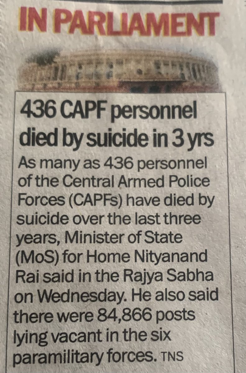“436 CAPF personnel died by suicide in 3 yrs”MOS Home Nityanand Rai. One suicide two &amp; half days.Indicate harsh service conditions,isolation and poor HR management compelling men to take own life.<a href="/HMOIndia/">गृहमंत्री कार्यालय, HMO India</a> <a href="/BSF_India/">BSF</a> <a href="/crpfindia/">🇮🇳CRPF🇮🇳</a> <a href="/ITBP_official/">ITBP</a> <a href="/CISFHQrs/">CISF</a> <a href="/SSB_INDIA/">Sashastra Seema Bal</a> <a href="/sood_2/">Sanjiv Krishan Sood Addl DG BSF Retired</a> <a href="/amohans/">AlphaM</a>