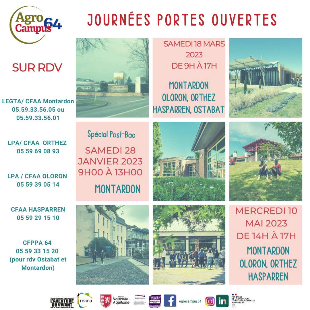 Le Service Logement Béarn Adour sera présent aux Journées Portes Ouvertes de Agrocampus 64 Montarton.
Futurs étudiants, vous avez besoin d'infos pour trouver un logement proche du lycée agricole, 2 conseillères logement vous accueillent le samedi 18 mars.