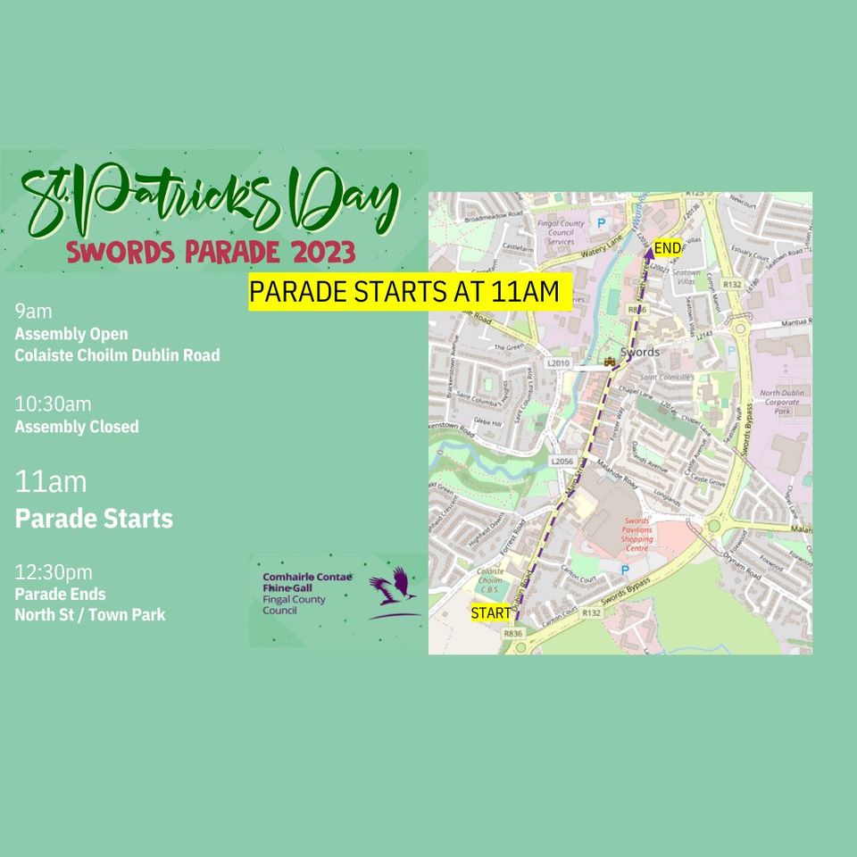 There will be Temporary Road Closures in Blanchardstown, Balbriggan, Swords and Malahide, and also in Skerries, Rush and Lusk on Friday 17th March to facilitate St. Patrick’s Day Parades across each of the towns. 
Please see fingal.ie/events/st-patr…