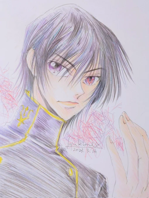 実は、もう1枚描いたのだった先日、急逝したアニメーターの木村貴宏先生を追悼して………………コードギアス 反逆のルルーシュ……よりルルーシュ・ランペルージ今まで全然描けなかったけど、これは、まぁ良いのでは? #反逆のルルーシュ #ルルーシュ・ランペルージ #色鉛筆イラスト 