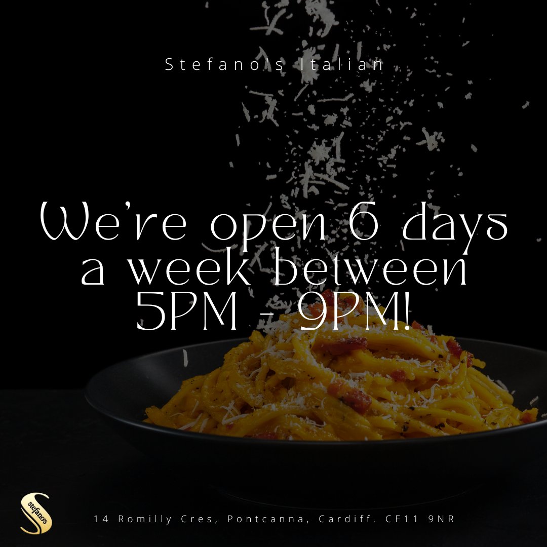 Did you know, we're open 6 days a week between 5-9PM (last orders)? 🍕🍝

Why not start your week the right way, and dine with Stefano's?

📲 Call us: 02920 372768.
📧 Email us: info@stefanos.co.uk
❌ No bookings via Direct Message.
📍 14 Romilly Crescent, Pontcanna, CF11 9NR.