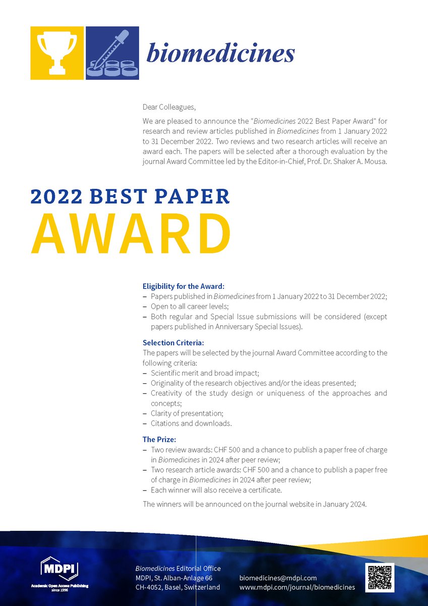 Biomed_MDPI's tweet photo. 𝑩𝒊𝒐𝒎𝒆𝒅𝒊𝒄𝒊𝒏𝒆𝒔 2022 𝑩𝒆𝒔𝒕 𝑷𝒂𝒑𝒆𝒓 𝑨𝒘𝒂𝒓𝒅

🏆
Eligibility for the Award:
– Papers published in Biomedicines from 1 January 2022 to 31 December 2022
– Open to all career levels

🥇Winner: 2 reviews and 2 articles

https://t.co/jIUfcDlEq3 https://t.co/BAkZXCWDSh