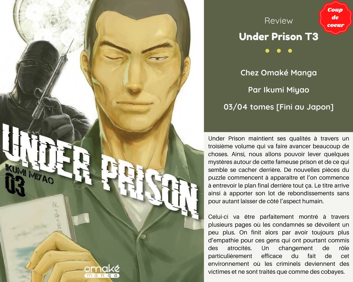 OtakuEsprit's tweet photo. ~Review Under Prison T3~📚
Un tome qui continue de nous tenir en haleine alors que l'on commence à lever le voile sur les mystères entourant cette prison. Hâte de lire la conclusion ! 😃
#manga @OmakeManga https://t.co/9xM6dk1JfI