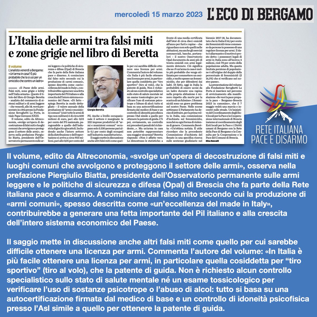 RetePaceDisarmo's tweet photo. Il saggio mette in discussione i falsi miti sulla #DiffusioneArmi come quello per cui sarebbe difficile ottenere una licenza o per cui la produzione di «armi comuni», descritta come «eccellenza del made in Italy», contribuirebbe a una fetta importante del Pil https://t.co/hXPqGdp8Lz