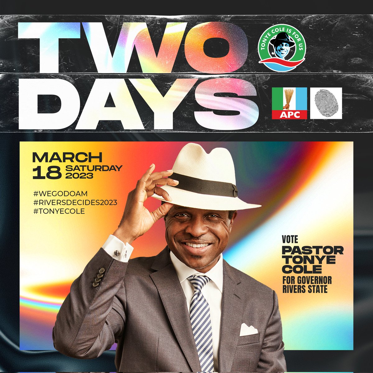 TonyeCole1's tweet photo. We have been delayed, but we Saturday, we will not be denied. Change is here. #AFreshStart is here.
2 days to go!
#tonyecole #tonyecole2023 #tonyecoleforgovernor #RiversDecides2023 #wegodoam #AFreshStart #ForwardWithCourage #nigeria #votewisely #riversstate2023 https://t.co/QR75EahFga
