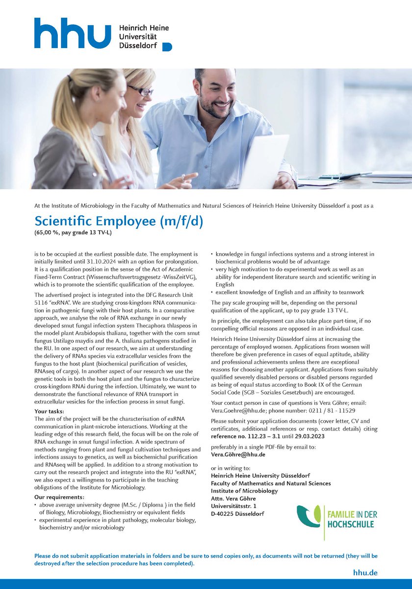 I have an open PhD position at the Heinrich-Heine University Düsseldorf addressing the role of extracellular RNA communication during smut fungal infections. If you are excited working with a broad range of techniques on plant-fungal interactions, this is a great opportunity.