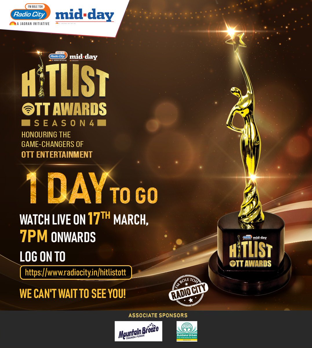 It's that time of the year again!

Just 1 day left for the #HitlistOTTAwards grand finale.
Watch us live on the 17th March 2023 to find out who won!

@salilacharya @mayankw14

radiocity.in/hitlistott

#HitlistOTTAwards #HitlistAwards #Radiocity #Entertainment #OTTAwards