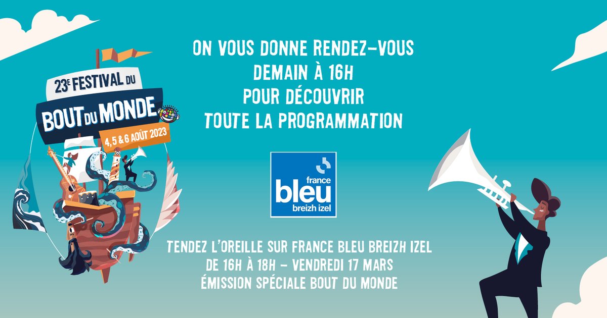 Bout_du_Monde's tweet image. Il est temps de hisser les voiles et d'embarquer en direction de la Presqu'ile de #Crozon
Rdv demain à 16h pour découvrir toute la programmation @Bout_du_Monde 

📻 De 16h à 18h nous serons en direct sur @Francebleubzh - Emission spéciale Bout du Monde. 
#BDM2023 #Bretagne