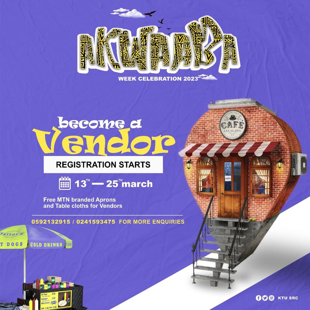 srcktu's tweet image. • Want to become a vendor on KTU campus during the SRCs Akwaaba Week Celebration? 
• A student or an individual/business off campus? 
• Registration 👉 13th to 25th March, 2023. [See image below for more details]
#LookSharp #DutyBound #Akwaaba23