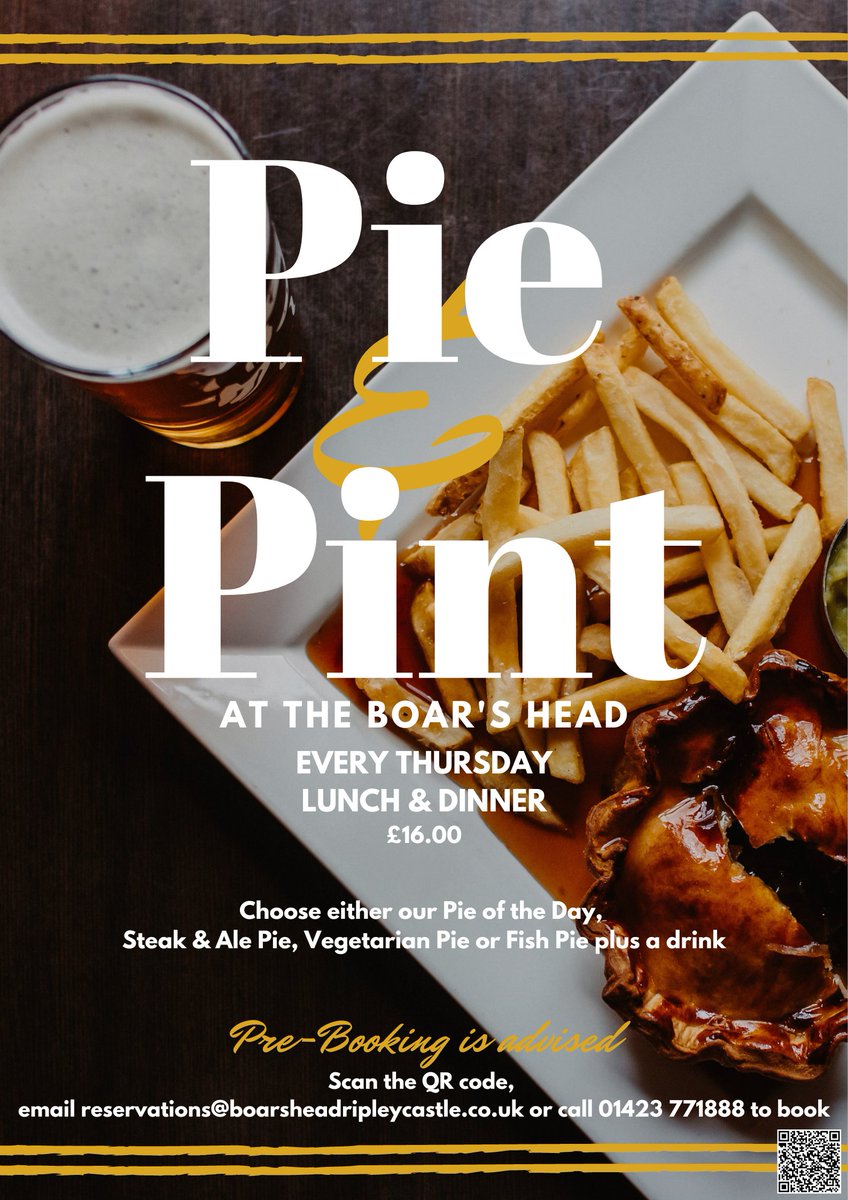 IT'S PIE &amp; PINT THURSDAY 🥧 
🐗 Join us for Lunch or Dinner and enjoy one of our delicious Pies and a drink for £16! 
This weeks' specials:
🌶️Chicken or Vegetable Tagine served with Harissa Chilli Chickpeas

Or enjoy our Steak &amp; Ale or Pie

See you soon!