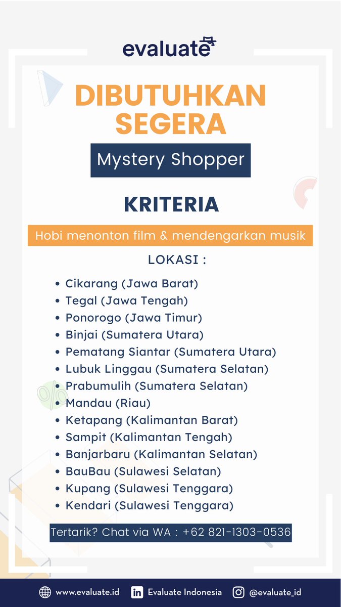 Dibutuhkan segera! Mystery Shopper - pulau Sumatera, Jawa, Kalimantan, Sulawesi!

cc <a href="/ezash/">Eza Hazami - ハザミ。エザ</a> <a href="/monicanggar/">Monica Anggar</a> <a href="/apamungkasa/">Arya Pamungkasa</a> <a href="/angga_fzn/">Angga Fauzan </a> <a href="/srl789/">Samuel Ray</a> <a href="/hrdbacot/">HRD BACOT</a> <a href="/GhilmanAmri/">Ghilman Amri</a> @mas_recruiter