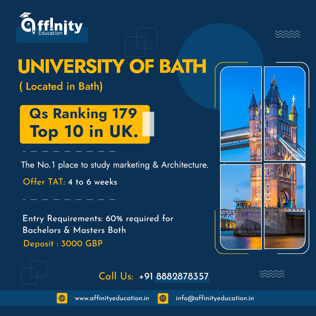 Are you dreaming study abroad? Consider the University of Bath, which is located in the lovely city of Bath.

#UniversityOfBath #TopRankingUniversity #Marketing #Architecture #HigherEducation #Bath #UKUniversities #FutureSuccess #educationconsultant #overseas #offers #ukeducation