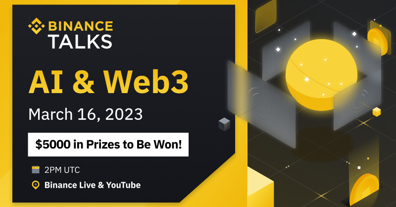 binance's tweet photo. Discover how AI is changing the crypto and NFT space with #BinanceTalks, live today at 2pm UTC!

Free to join, hear from the people working to push Web3 forward with AI.

Find out more about today's event ⤵️