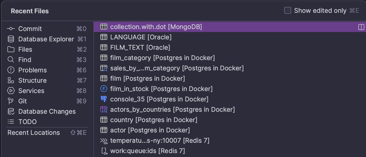 datagrip's tweet photo. If you aren't using Recent Files in DataGrip, you should be! This time-saver lets you access text files, consoles, data editors, and just about everything else. The last accessed item will be in focus by default.
Press Cmd/Ctrl+E and never look back! #DataGripTips https://t.co/ExqOt1Q05W