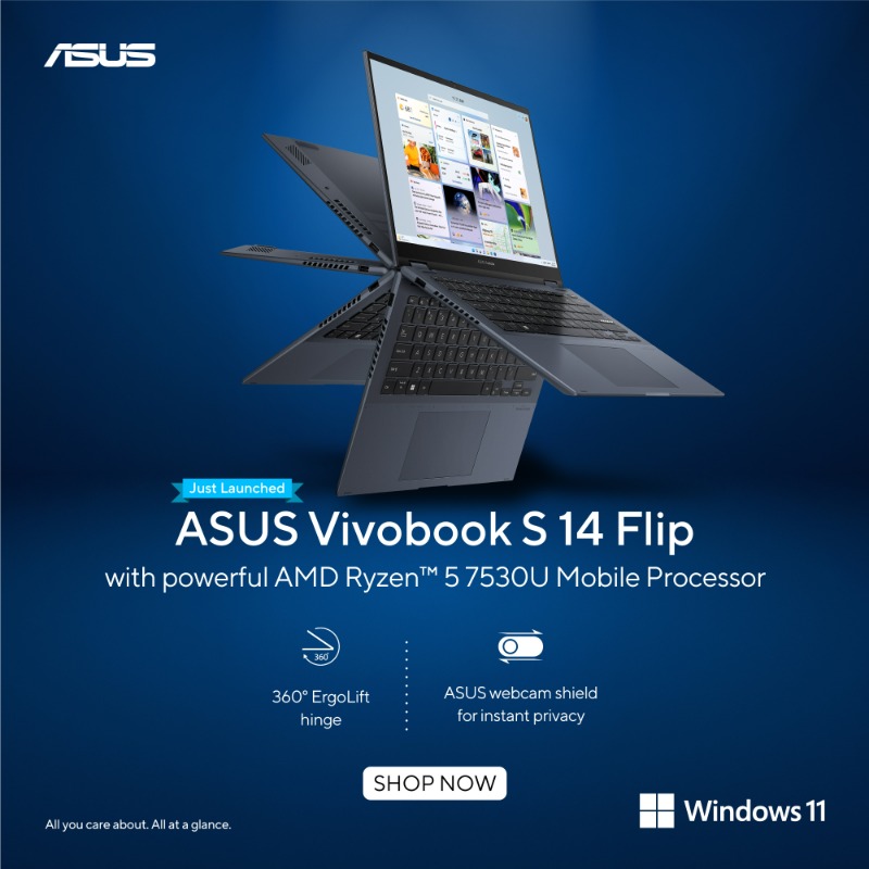 ASUSIndia's tweet photo. Discover the power of everyday computing with the all-new ASUS Vivobook S14 Flip
Featuring the AMD Ryzen™ 5 7530U processor, this ultra-portable laptop is ideal for everyday tasks.
#ASUSIndia #ASUSOLED #Windows11 #Vivobook #RyzeInStyle #TogetherWeAdvance