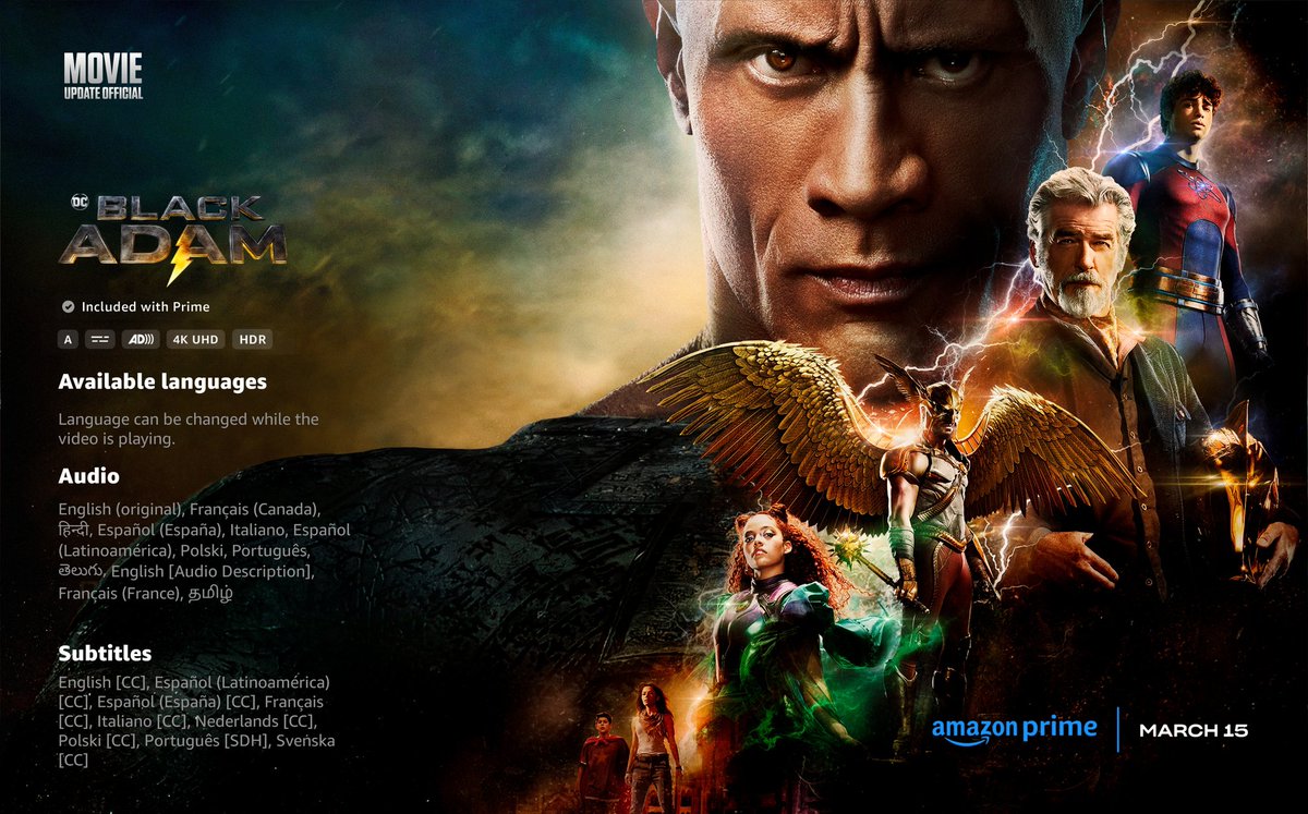 FilmUpdateOffi's tweet photo. Black Adam! Now streaming on Amazon Prime, Rated A &amp; 4K UHD with HDR support (Dolby 5.1), available in English, Français, Hindi, Español, Italiano, Español, Telugu,  Polski, Português, Bev, Français &amp; Tamil. #BlackAdamOnPrime #MovieUpdateOfficial https://t.co/LEeb2Z154m