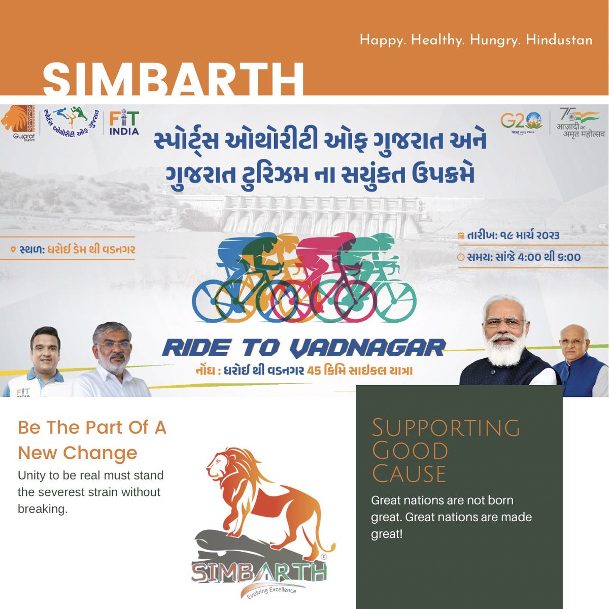 SimbarthI's tweet photo. RIDE TO VADNAGAR. Team Simbarth is supporting a good Cause and requesting everyone to join the Happy. Healthy. Hungry. Hindustan Movement. Let’s Work for our People and Make our Country Proud #simbarth #evolvingexcellence #keepsupporting #supportingagoodcause #healthyhindustan https://t.co/uqGabZDUvH