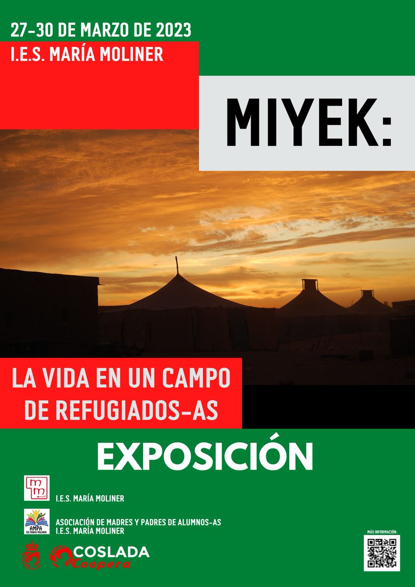 COOPERACIÓN | 🇪🇭🇪🇸 30 Aniversario del Hermanamiento entre la Daira de Miyek y #Coslada 

📸 Exposición: 'Miyek. La vida en un campo de refugiados/as' 

🗓️ Desde el lunes 2⃣7⃣ al jueves 3⃣0⃣ de marzo en el <a href="/iesmmoliner/">IES María Moliner</a> #Coslada

👉🏽 Con la colaboración del <a href="/apamariamoliner/">AMPA Moliner Coslada</a>