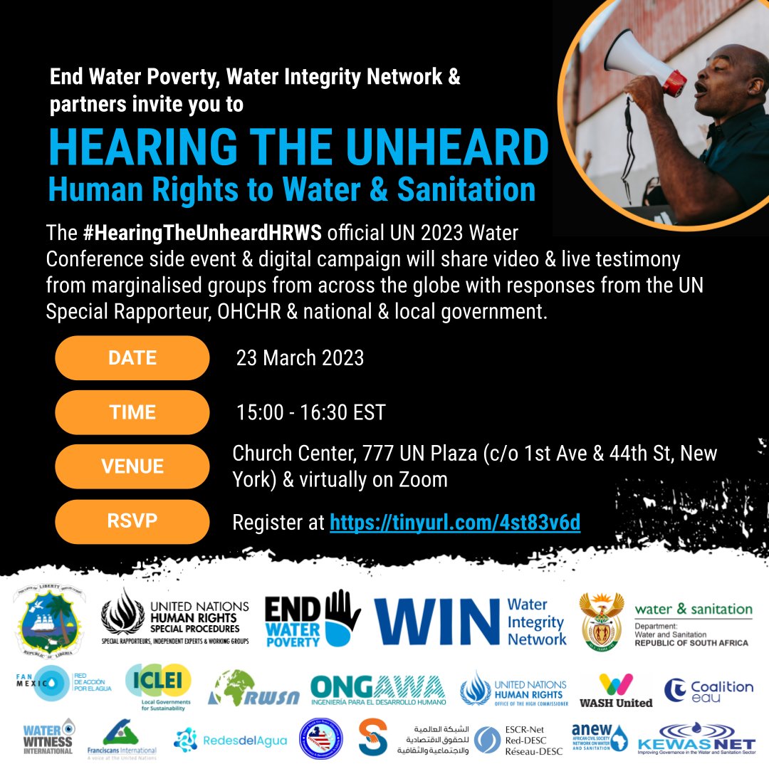 You can also join us live and online at #UN2023WaterConference for an official #HearingTheUnheardHRWS side event with responses from @SRWatSan and @DWS_RSA 🗓️Thursday, March 23 ⏲️3 pm EDT ✍️register at us06web.zoom.us/webinar/regist…