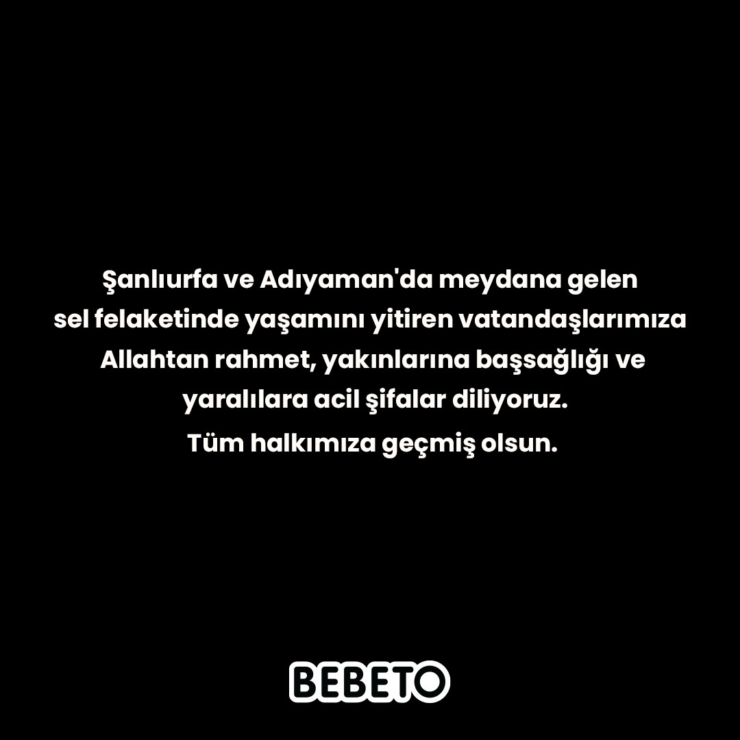 Şanlıurfa ve Adıyaman'da meydana gelen sel felaketinde yaşamını yitiren vatandaşlarımıza Allahtan rahmet, yakınlarına başsağlığı ve yaralılara acil şifalar diliyoruz. Tüm halkımıza geçmiş olsun.