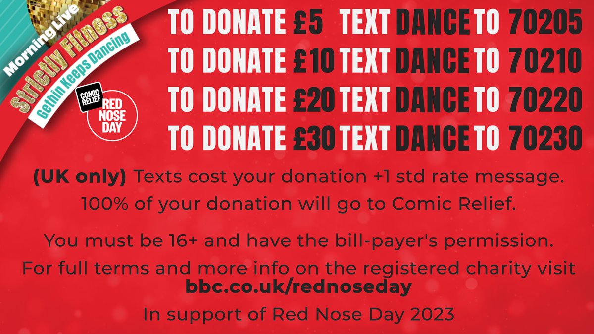 BBC Morning Live (@bbcmorninglive) on Twitter photo Our very own Gethin Jones has taken on a #StrictlyFitness challenge to dance for a WHOLE 24 HOURS in aid of <a href="/comicrelief/">Comic Relief</a> #GethinKeepsDancing
Watch live π bbc.in/3Fs8yuf
You can show your support for Gethinβs efforts by donating via text or online. Details below π Our very own Gethin Jones has taken on a #StrictlyFitness challenge to dance for a WHOLE 24 HOURS in aid of <a href="/comicrelief/">Comic Relief</a> #GethinKeepsDancing
Watch live π bbc.in/3Fs8yuf
You can show your support for Gethinβs efforts by donating via text or online. Details below π