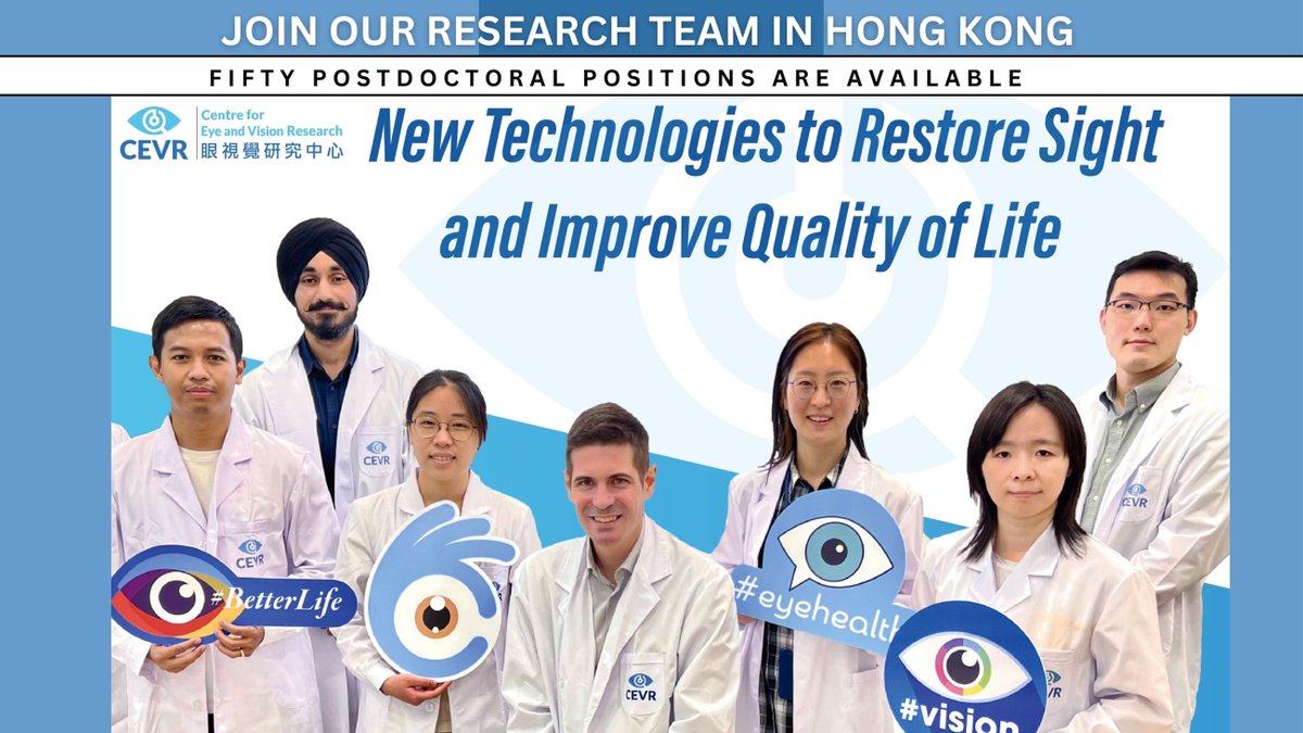 Join our research team in Hong Kong! Let's help people preserve and restore sight for life. Just click the link to learn more about our research topics.
cevr.hk/work-with-us-2/ 
#hiring #researcher #Postdoctoralfellow #postdoc #eyecare #eye #vision #eyecare  #Ophthalmology