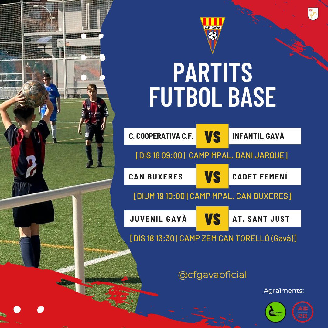cfgavaoficial's tweet photo. Aquests són els partits que disputaran aquest cap de setmana els equips de futbol base ⬇️
Aquesta setmana tant l’infantil com el cadet femení juguen com a visitants, pero no pots faltar el dissabte a les 13:30 per animar al Juvenil. ⚽️📣
Som-hi Gavà! 🔵🔴
#fcgava #gava https://t.co/62bBKZnVAG