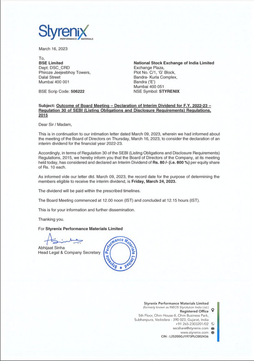 niveyshak's tweet image. Styrenxi Performance Materials (Formerly known as Ineos Styrolution) has declared 80/- rs dividend 

#dividend #SPML
