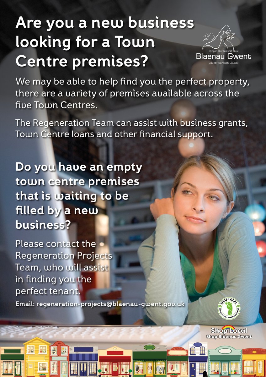 BlaenauGwentCBC's tweet photo. Are you a new business looking for a Town Centre premises? Do you have an empty town centre premises that is waiting to be filled by a new business?
Find out more - please contact the Regeneration Projects Team: Email: regeneration-projects@blaenau-gwent.gov.uk https://t.co/tfQPAWc2Tb
