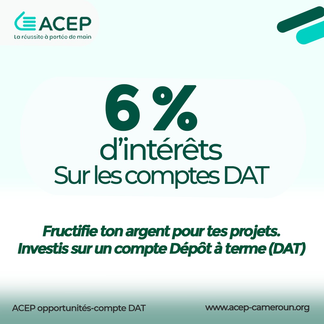 Acep_Cameroun's tweet photo. Fructifie ton argent pour tes projets.
Investis sur un compte bloqué Dépôt à terme (DAT) en effectuant un versement unique et obtient  jusqu’à 6% d'intérêts l’an 
#Acepcameroun #microfinance #comptebloqué https://t.co/knCLjYvEnl