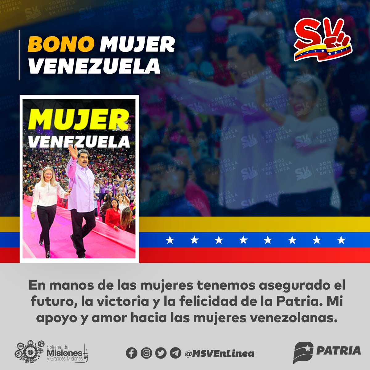 🚨 #ÚLTIMAHORA || Continua la entrega de Bono Mujer Venezuela enviado por nuestro Pdte. <a href="/NicolasMaduro/">Nicolás Maduro</a> a través del Sistema <a href="/CarnetDLaPatria/">Carnet de la patria</a>. 
 
La entrega tendrá lugar hasta el #20Mar de 2023. 

<a href="/MSVSocial/">MSV Protección social</a> #TuiteroPatria #16Mar #ElBloqueoEsCriminal