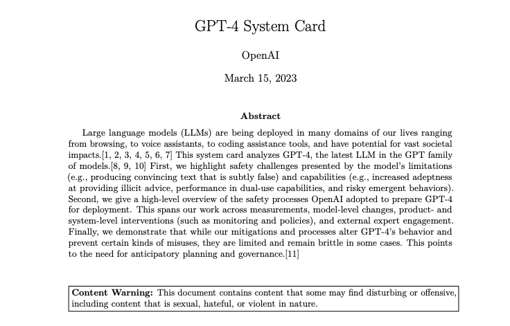 brewbart's tweet photo. GPT-4 is a goldmine for journalism. The system will also benefit our own #Laio services - we can already see it in the results. I would really recommend every newsroom to step into the GPT4-arena. Still, be aware of the risks. The GPT-4 System Card is your first reference (1/9) https://t.co/Q3NWk6EcUx