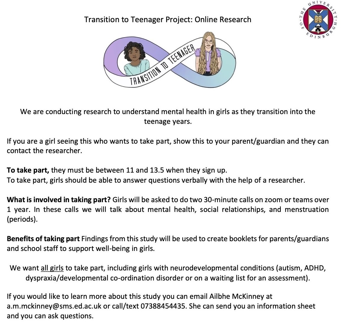 AilbheMckinney's tweet photo. hi everyone, just using this opportunity to mention my project which is open for recruitment. 

Invited: Girls between 11-13.5 with a diagnosis of autism, ADHD, dyspraxia (DCD) or on a waiting list for an assessment of one of these

see advert

#ITAKOM   #ITAKOM23 @ITAKOM_CONF https://t.co/76yCbBfvCp