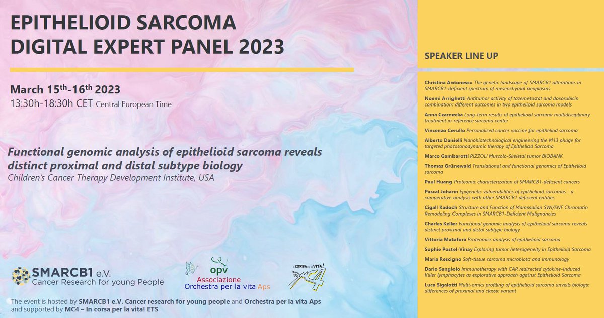 smarcb1's tweet photo. Don't miss Charles Keller's presentation "Functional genomic analysis of epithelioid sarcoma reveals distinct proximal and distal subtype biology" at the Epithelioid Sarcoma Digital Expert Panel 2023.

When: 03/16/2023
Where: https://t.co/8rRSEulj2H https://t.co/OZoP3wW1hV