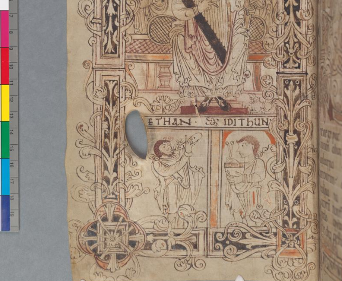 Learn_Recorder's tweet image. Winchcombe Psalter (ca 1030–1050): Psalm 1: King David, full page illumination on parchment, 27.1 × 15.8 cm, English. Cambridge: University Library. #recorder #art  #antiquity #earlymusic #LearnRecorderOnline #BAROQUE #Israel #renaissance #middleages #iconographie
