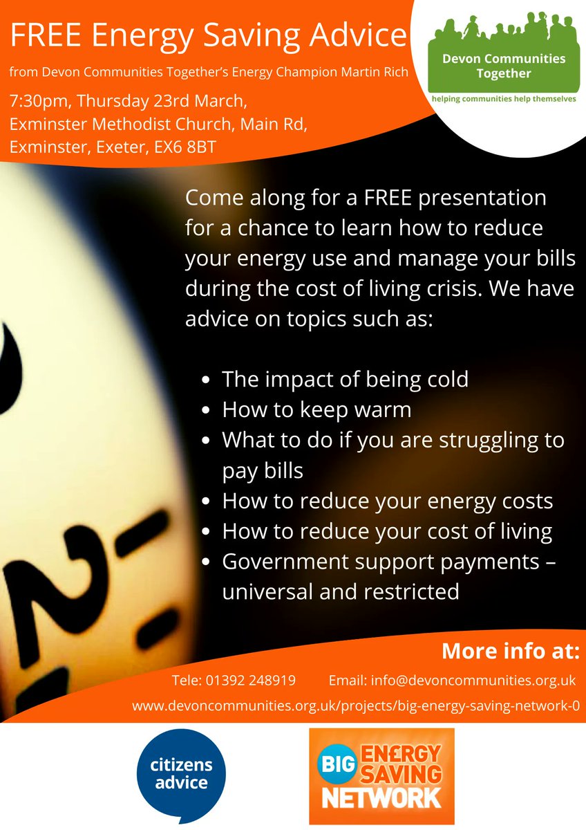 If you are concerned about your heating bills and need some advice, come along to the Exminster Methodist Church for a FREE presentation next Thursday at 7:30PM on the 23rd of March.

More info: buff.ly/3tLImn1 

#energycrisis #costoflivingcrisis #EnergyKnowHow