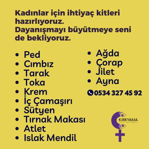 Kadınlar için ihtiyaç kitleri hazırlıyoruz. Dayanışmayı büyütmeye seni de bekliyoruz. 

Dm’den veya telefon numarasından bize ulaşabilirsiniz. Dayanışmayı büyütmeye devam💜