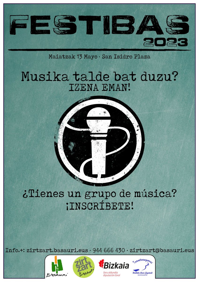 BizkaiaGazteak's tweet photo. 🎙️ 🎸¿Tienes un grupo de música y estás buscando una oportunidad?
Parte hartu @BasaurikoUdalak aurkeztutako #Festibas musika festibalean🎺 🎶
Inscripción📅Hasta el 31 de marzo
Ezagutu baldintzak🌐https://t.co/N0fmSOcmBy
#GazteakBizkaiaEgiten https://t.co/w2PPiUezFe