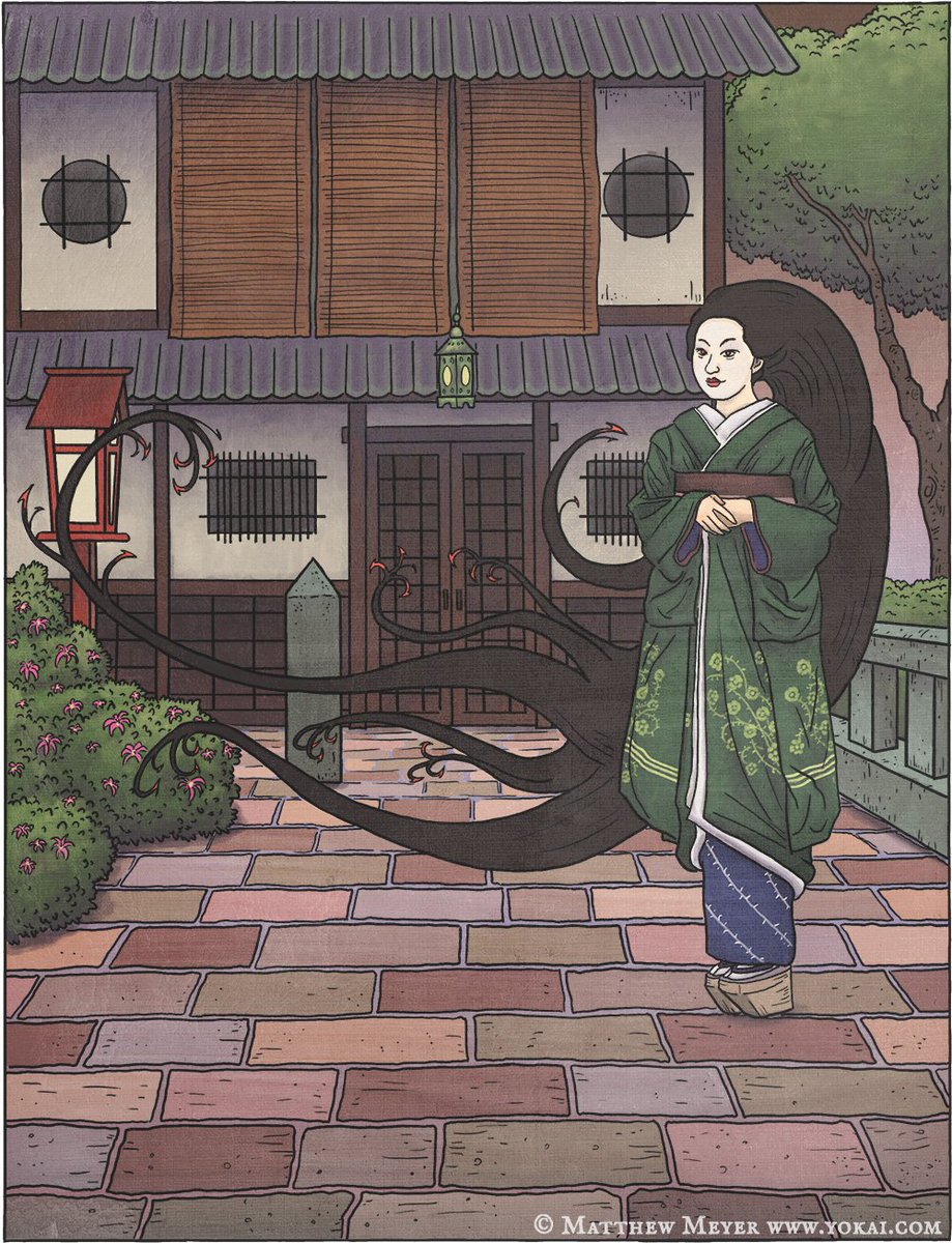 In #JapaneseFolklore there is a #yokai known as hari onago, which translates as hook girl. This terrifying yokai originates on the island of Shikoku & initially appears just like any regular young woman with long hair worn loose. However... #FolkloreThursday #ofdarkandmacabre 1/4